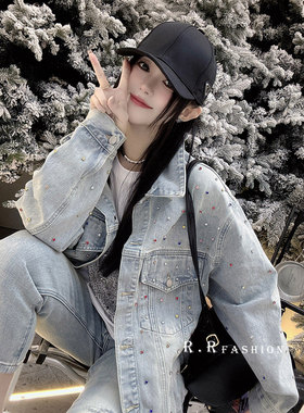 RR fshion 2024春季新款欧货牛仔外套女彩色重工亮钻翻领长袖上衣