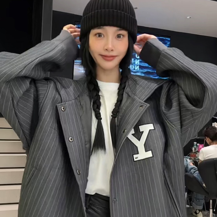 条纹外套女2025秋季新款欧洲站撞色拼接字母连帽披肩两穿长袖上衣