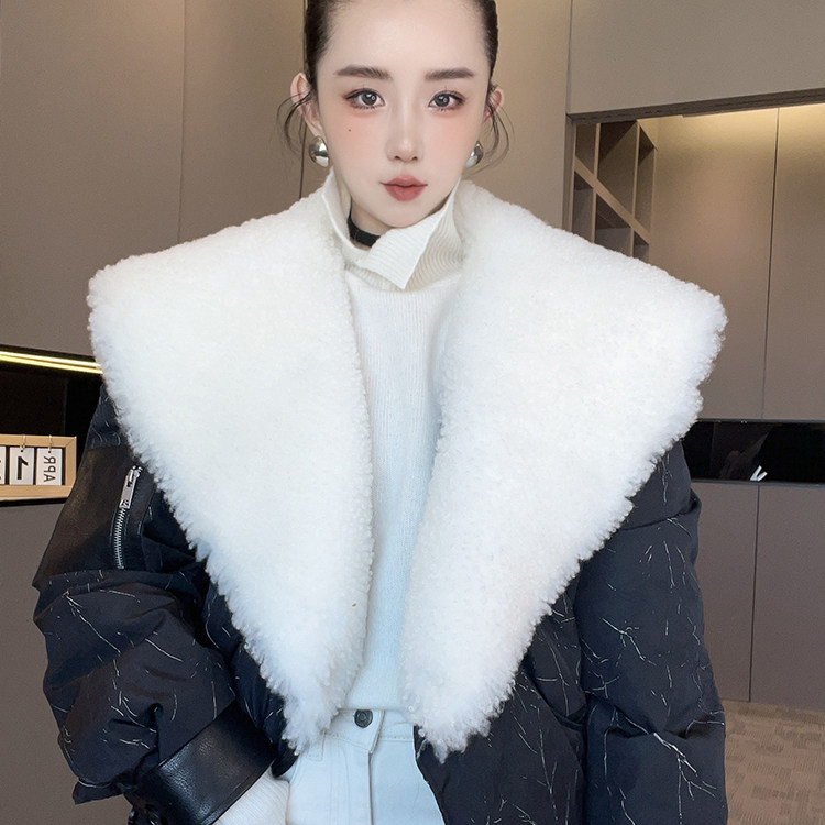 拼皮鹅绒羽绒服女2025秋冬新款欧洲站欧货大翻领短款保暖外套长袖