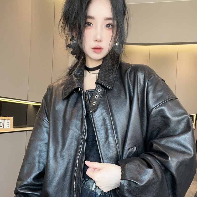 皮衣女2026秋季新款欧洲站机车风翻领真皮外套拉链宽松长袖上衣