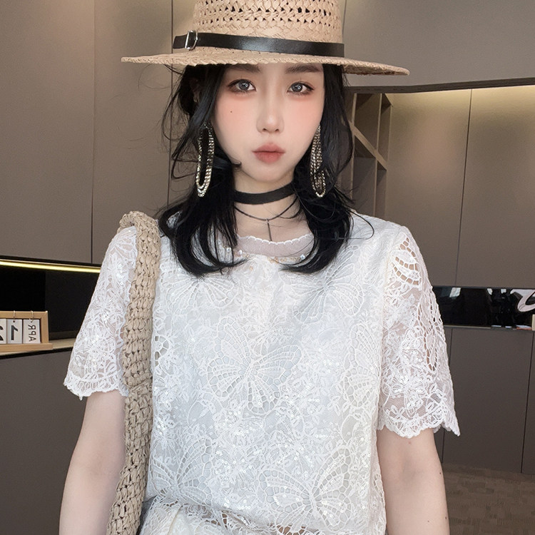 短袖上衣高腰半身裙长裙亮片蕾丝钩花套装两件套女2026春季新款