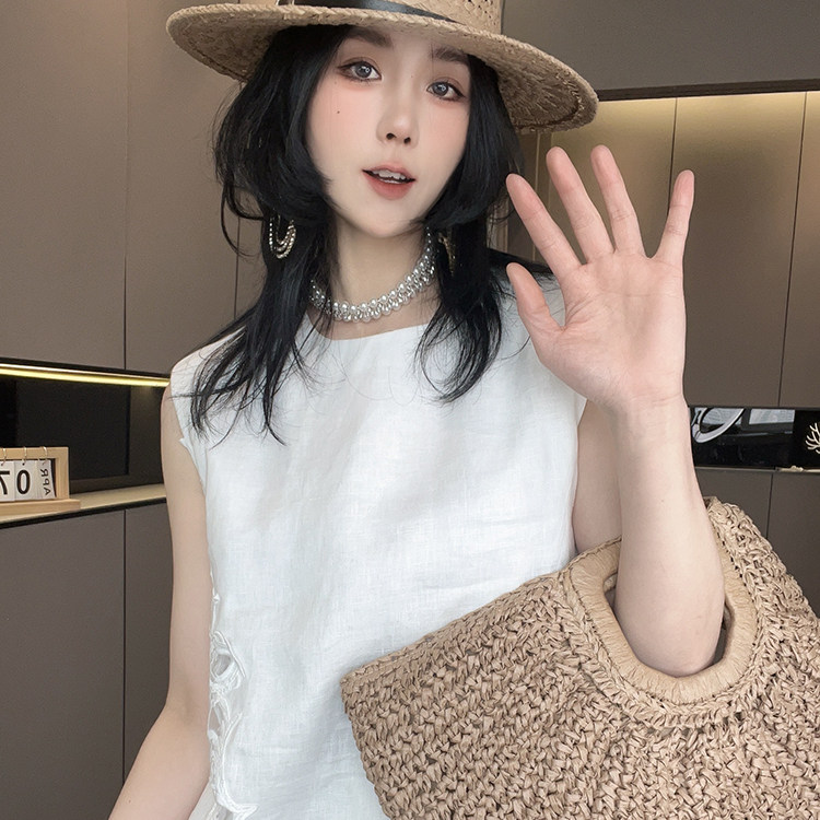 无袖连衣裙女2026夏季新款欧洲站设计感蕾丝拼接假两件圆领裙子
