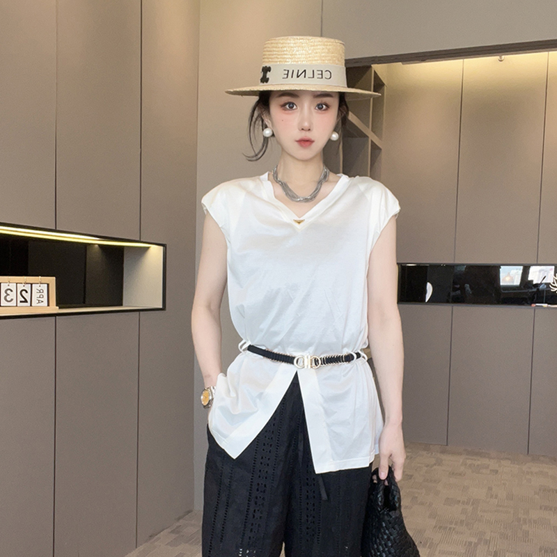 T恤女2025夏季新款欧洲站女装纯色腰带收腰V领打底衫时尚减龄上衣