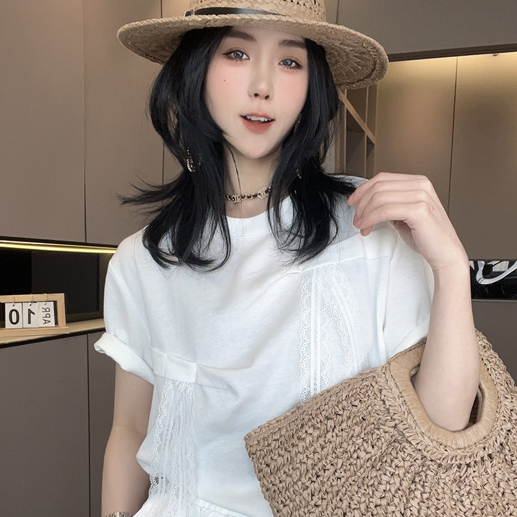 短袖T恤女2026夏季新款简约纯色蕾丝钩花拼接蝴蝶结圆领半袖上衣