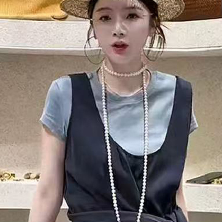 叠穿背心短袖上衣高腰屁帘阔腿裤套装三件套女2026夏季新款欧洲站