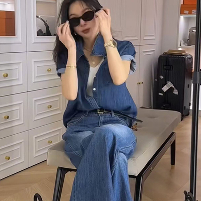 翻领短袖上衣高腰直筒长裤牛仔套装两件套女2025春季新款欧洲站