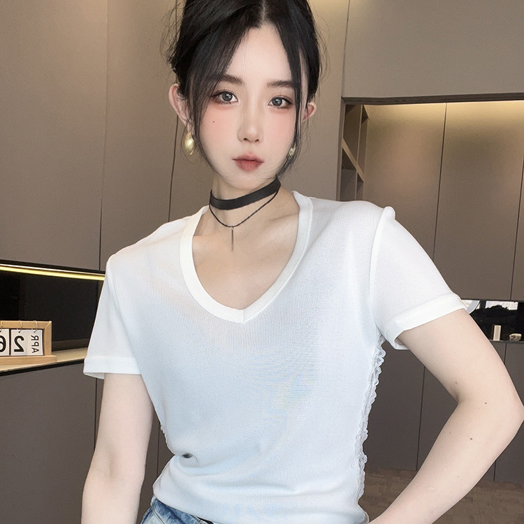 短袖T恤女2026春季新款纯色蕾丝钩花拼接U型领打底衫简约半袖上衣