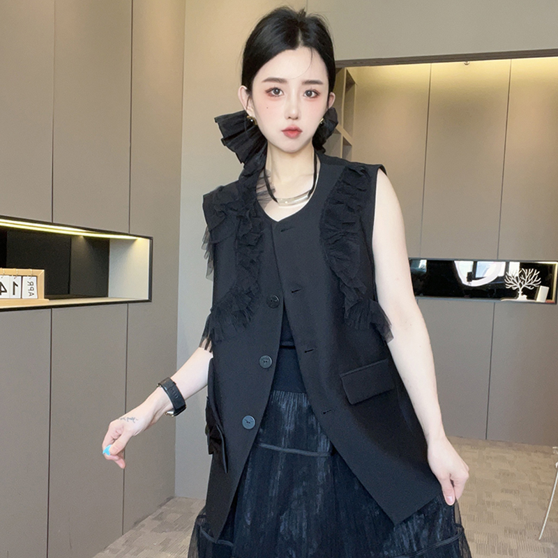 马甲女2025春季新款网纱拼接单排扣外套中长款圆领马夹无袖上衣