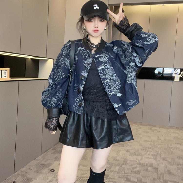 牛仔外套女2025秋季新款拼接重工刺绣圆领长袖牛仔服单排扣上衣