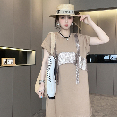 短袖连衣裙女2025夏季新款拼接重工装饰圆领半袖T恤裙宽松裙子