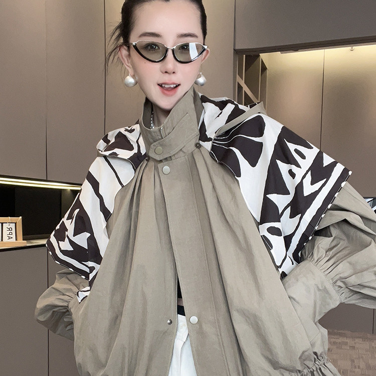 风衣女2026春季新款设计感拼色披肩拉链抽绳收腰连帽外套长袖上衣