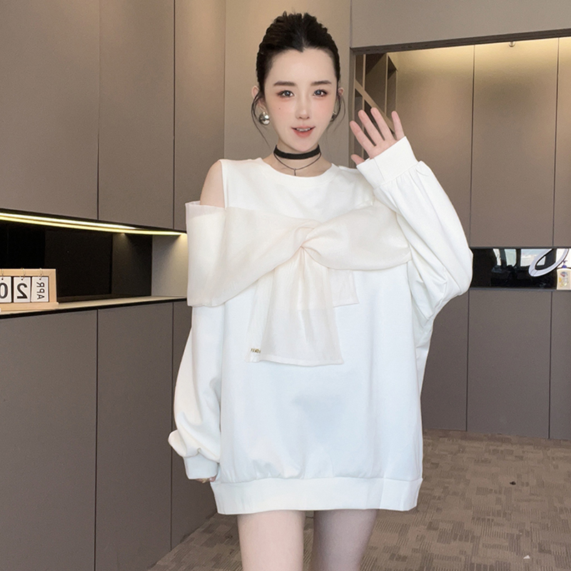 卫衣女2025秋季新款欧洲站纯色拼接交叉蝴蝶结中长款露肩长袖上衣