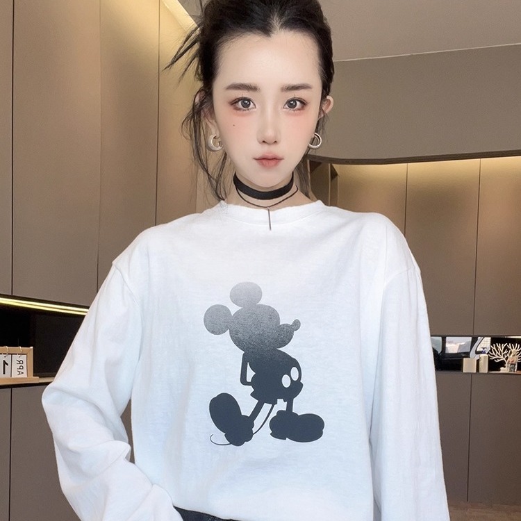T恤女2025秋冬新款欧洲站渐变卡通动漫印花圆领打底衫长袖上衣