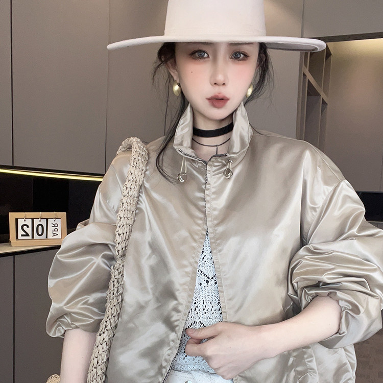 外套女2026春季新款蕾丝钩花网纱拼接下摆抽绳立领拉链长袖上衣