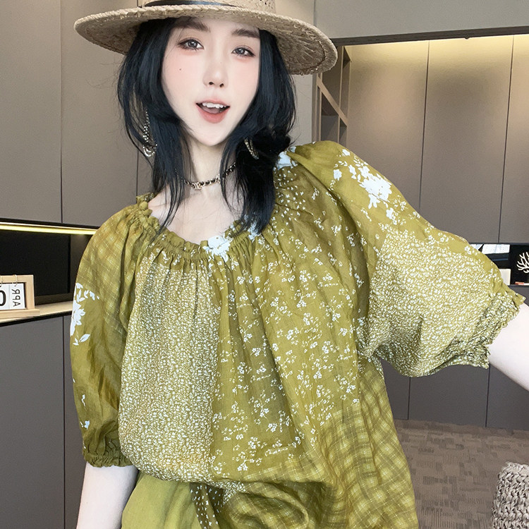 拼接印花一字肩上衣高腰阔腿短裤套装两件套女2026夏季新款欧洲站