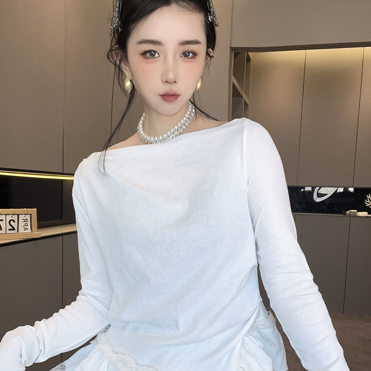 长袖T恤女2026春季新款设计感蕾丝钩花拼接荷叶边打底衫纯色上衣