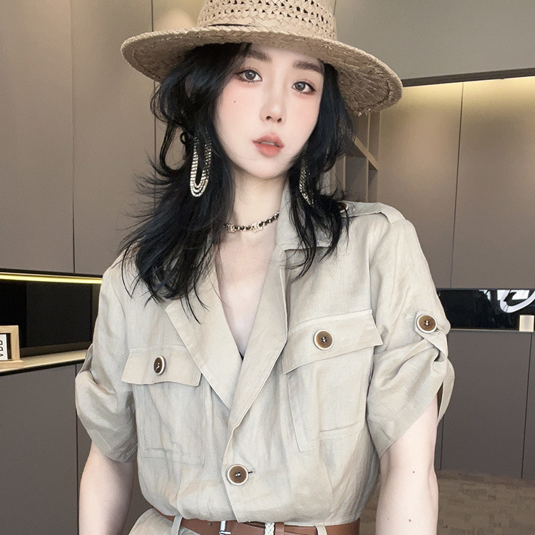 短袖连体裤女2026春季新款欧洲站纯色连衣裤高腰长裤翻领半袖裤子