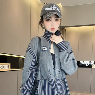 破洞针织拼接翻领衬衣长袖 条纹衬衫 宽松中长款 新款 上衣 女2025秋季