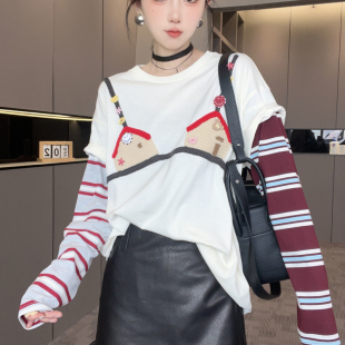 吊带针织印花图案宽松假两件短袖 T恤设计师款 女 长袖 2025早秋新款