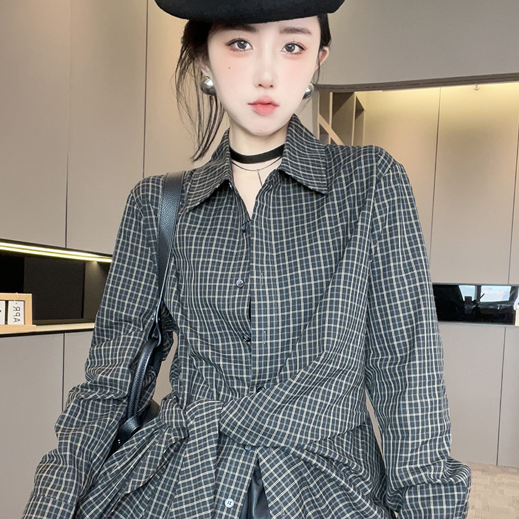 格子衬衫女2025秋季新款欧洲站设计感系带收腰长袖衬衣单排扣上衣