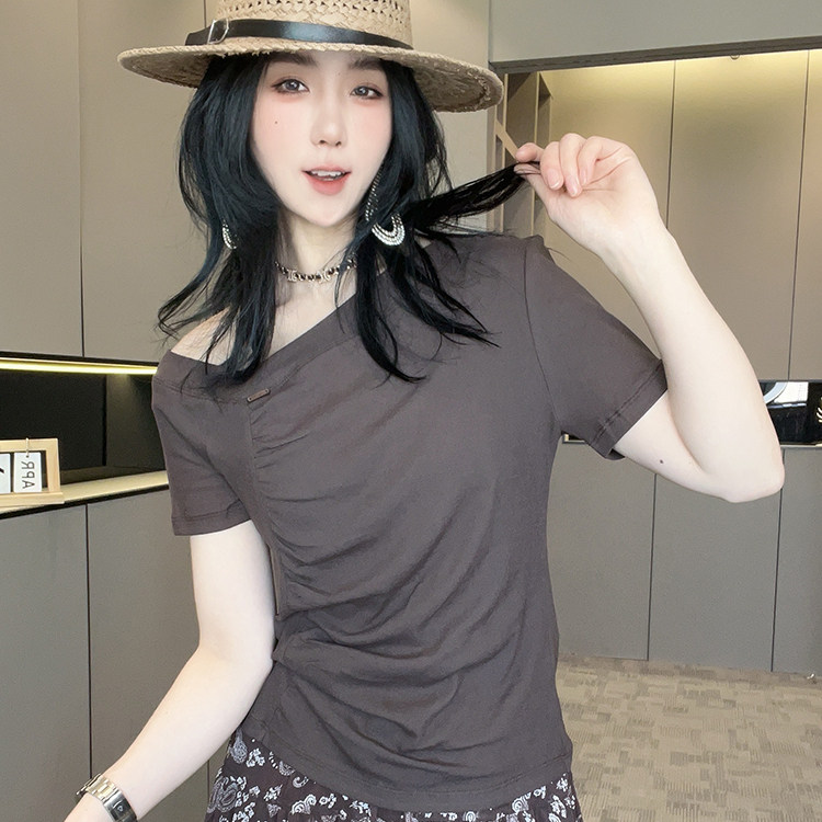 褶皱露肩短袖T恤印花高腰半身裙长裙套装两件套女2026夏季新款