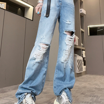 破洞牛仔裤女2025夏季新款欧洲站高腰显瘦直筒裤百搭长裤时尚裤子