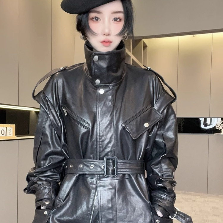 长袖皮衣女2025春季新款欧洲站欧货收腰绵羊皮外套中长款真皮上衣