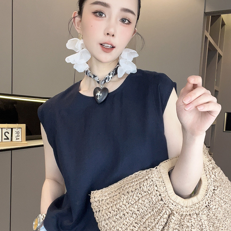 无袖T恤女2026夏季新款欧洲站设计感时尚撞色拼接圆领套头上衣