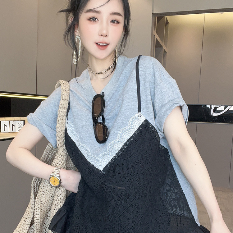 短袖T恤女2026夏季新款欧洲站蕾丝荷叶边下摆拼接假两件半袖上衣
