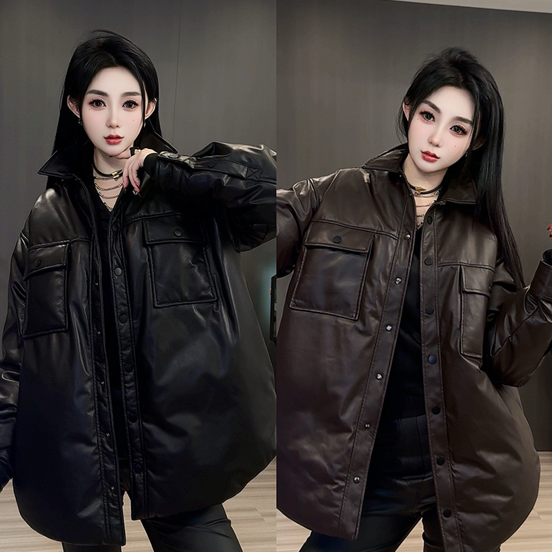 现货 长袖绵羊皮羽绒服单排扣中长款皮羽绒女2025秋冬新款女装