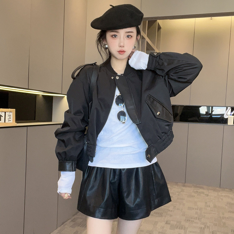 拼皮外套女2025秋季新款设计感宽松百搭纯色短款夹克立领长袖上衣