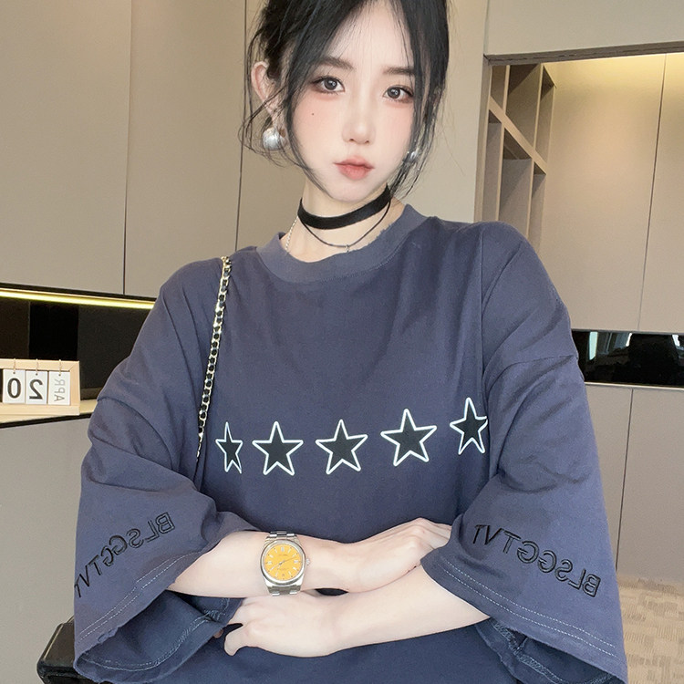 短袖T恤女2026春季新款撞色拼接字母五角星印花中长款圆领上衣