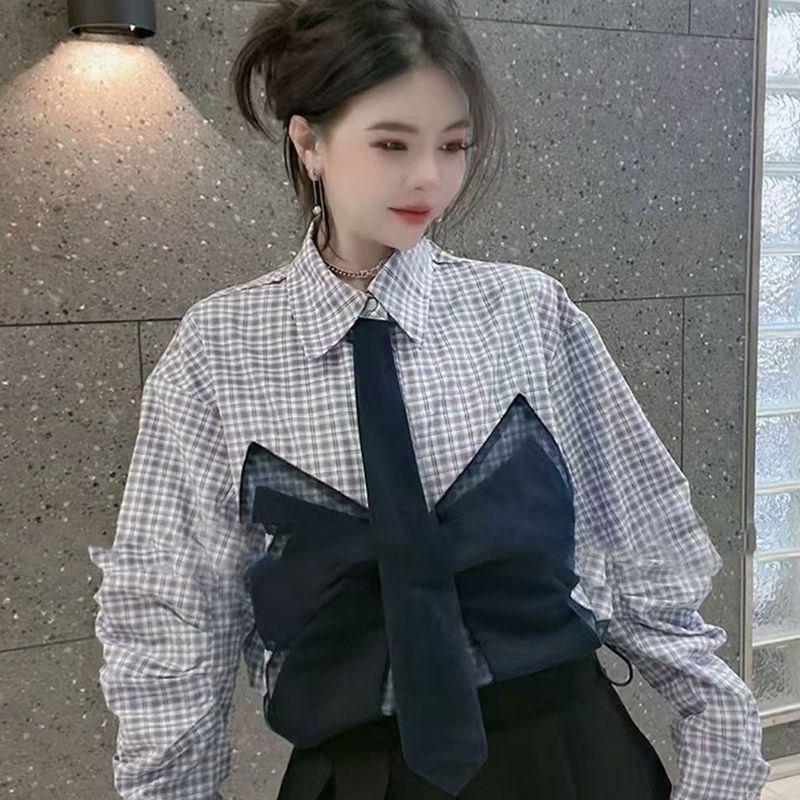 格子衬衫女2025春季新款设计感网纱拼接蝴蝶结领带翻领长袖上衣