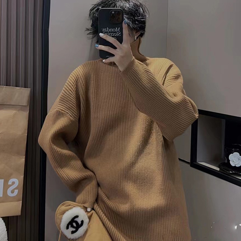 毛衣女2025秋冬新款欧洲站宽松减龄纯色中长款高领针织衫长袖上衣