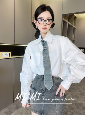 RR fshion 2024夏季新款欧洲站衬衫女翻领拼接牛仔领带长袖上衣
