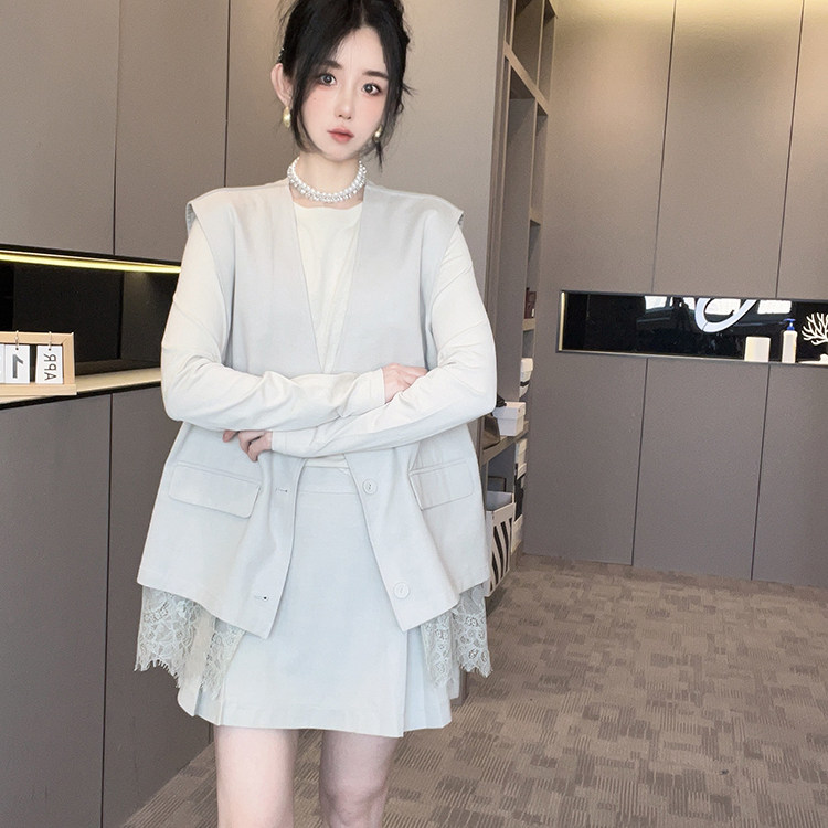 拼接蕾丝两面穿马甲高腰半身裙短裙纯色套装两件套女2026春季新款