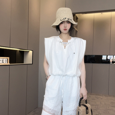 T恤女2025夏季新款欧洲站设计感重工钉珠拼接蕾丝钩花无袖上衣