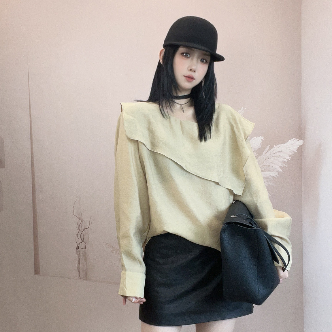 长袖T恤女2026秋季新款欧洲站宽松纯色不规则荷叶边罩衫套头上衣