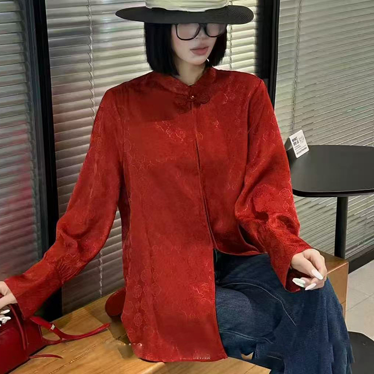 衬衫女2025冬季新款欧洲站高级感新中式复古立领提花衬衣长袖上衣