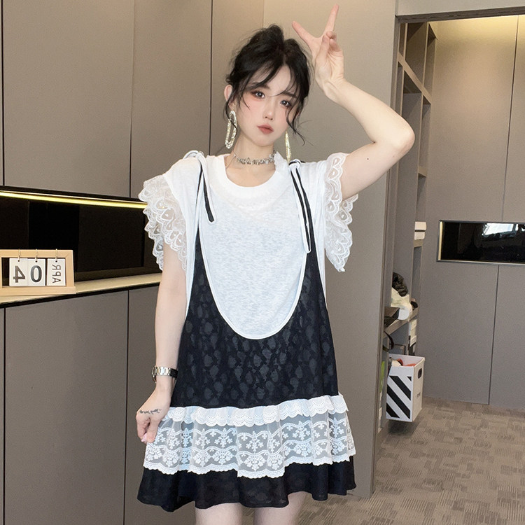 荷叶边背带裙蕾丝钩花短袖圆领T恤裙子套装两件套女2026春季新款