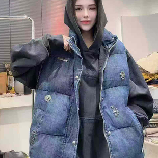 牛仔羽绒马甲女2025秋冬新款欧洲站重工装饰中长款外套无袖上衣