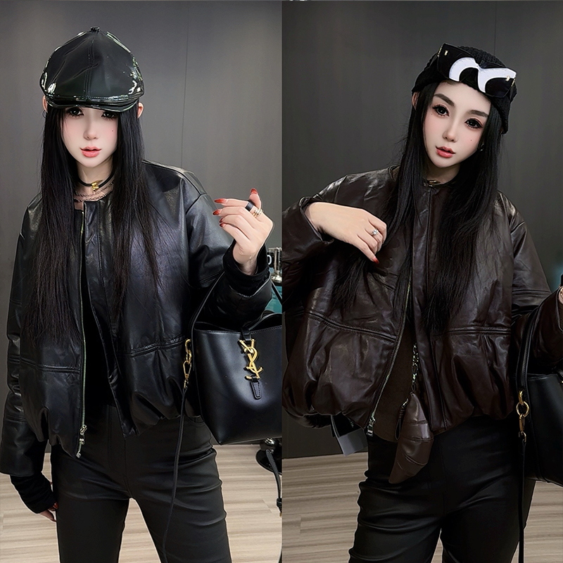 【现货】圆领拉链开衫绵羊皮皮衣长袖皮羽绒服女2025秋冬新款女装