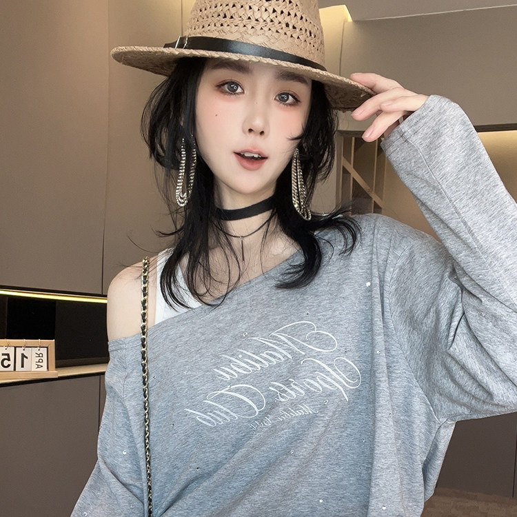 假两件T恤女2026春季新款欧洲站露肩亮钻字母印花打底衫长袖上衣