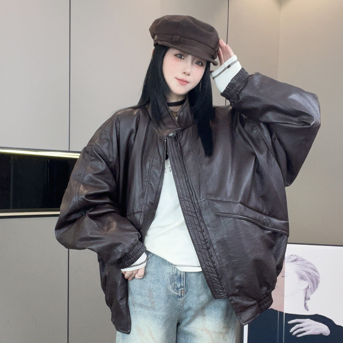 蛋白皮薄棉外套女2026秋冬新款欧洲站宽松大口袋立领拉链长袖上衣