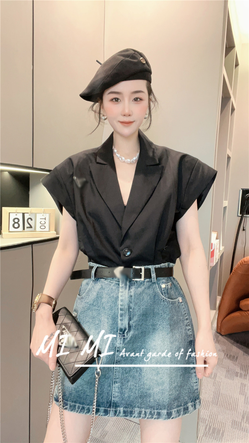 《特价》翻领小西服拼接短袖牛仔连衣裙女包臀裙短裙2025夏季新款