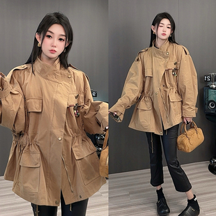 【现货】风衣女2025秋季新款欧洲站纯色中长款外套大口袋长袖上衣