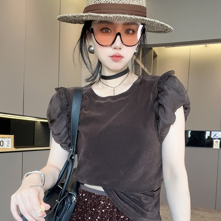 丝绒T恤女2025秋季新款欧洲站网纱拼接泡泡袖打底衫圆领套头上衣