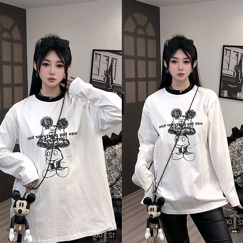 长袖T恤女2025冬季新款撞色拼接卡通动漫字母印花打底衫圆领上衣