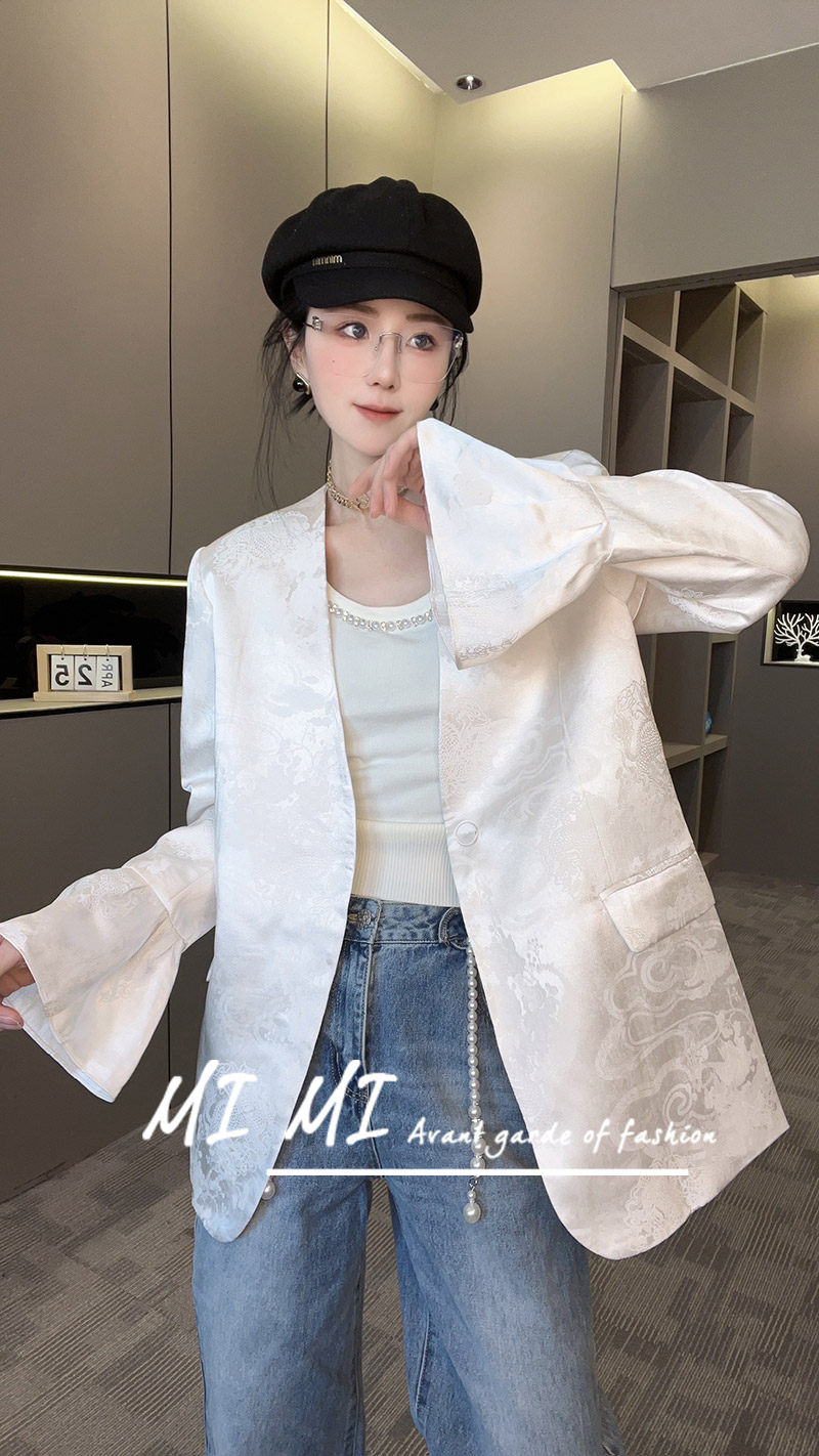 RR fshion 国风复古重工提花长袖西服中长款外套女2024秋季新款