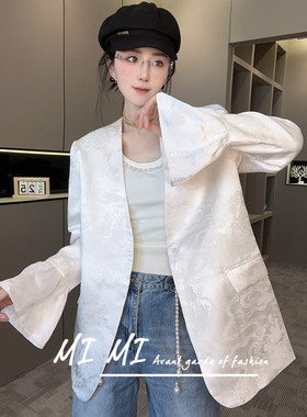 RR fshion 国风复古重工提花长袖西服中长款外套女2024秋季新款